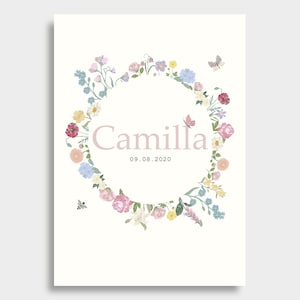 Floral Wreath Personalised Print - Name - Initial- Letter - Personal Message - Nursery - Children&#39;s Prints - Wall Art - New baby gift