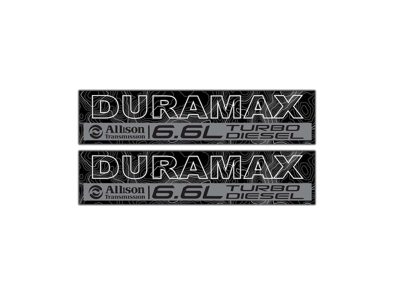 May include: Two black and gray Duramax 6.6L Turbo Diesel decals. The decals feature the text "DURAMAX" in white, with "Allison Transmission" and "6.6L TURBO DIESEL" also displayed.