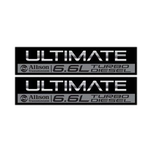 May include: Two black rectangular decals with silver text. The top decal reads "ULTIMATE" above "Allison Transmission 6.6L TURBO DIESEL". The bottom decal mirrors the top. The background is white.