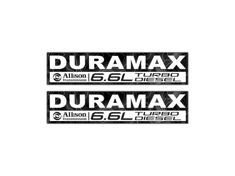 May include: Two black and white DURAMAX decals. Each decal has the word DURAMAX in large white letters, with the Allison Transmission logo and "6.6L TURBO DIESEL" text below. The background of the decals has a topographic map design.