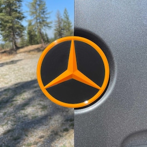 May include: A close-up of a car emblem featuring a black circle with an orange star and an orange outer ring. The emblem is set against a gray car panel. The background shows a gravel road and trees.
