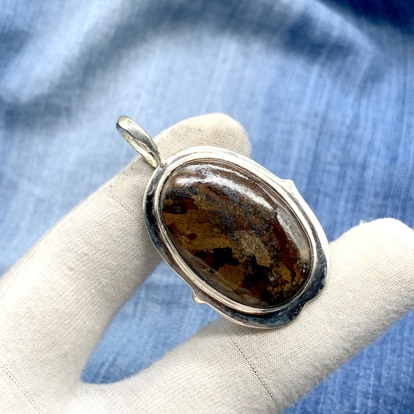 Natural Bronzite cabochon Pendant, Vintage style Handmade 925 Sterling Silver Plated pendant Jewelry, Silver Pendant, Gift for her,