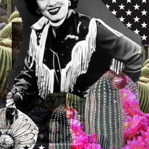 May include: A black and white photo of a woman wearing a fringed jacket, with a cactus and pink flowers in the foreground.