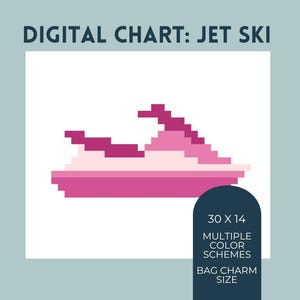 May include: A digital chart of a jet ski in shades of pink, white, and fuchsia. The image includes the text "DIGITAL CHART: JET SKI" at the top and a dark blue rectangle with text indicating size and color options.