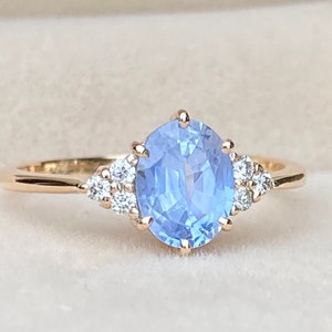 Light Blue Sapphire Ring, Ceylon Blue Sapphire Ring, Oval Blue Sapphire Ring, Diamond Cluster Ring, Unique Engagement Ring