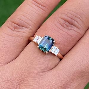 Teal Sapphire ring, Peacock Sapphire Ring, Diamond Engagement Ring, Five Stone Ring, Christmas Gift for Wife, Blue Green Sapphire Ring