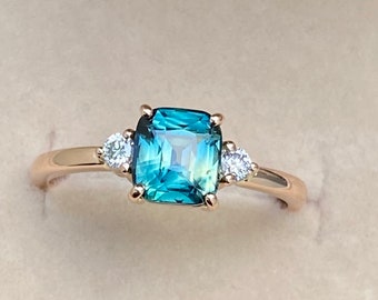 Teal Sapphire ring | Parti Sapphire Engagement Ring | Three Stone Ring | Peacock Sapphire | Unheated Teal Sapphire