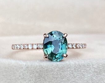 Teal Sapphire Ring, Oval Sapphire Ring, Blue Green Sapphire Rose Gold Ring