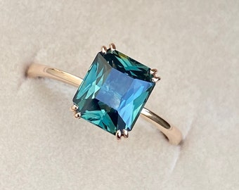 Teal Sapphire ring, Peacock Sapphire Engagement Ring, Blue Green Sapphire, Radiant Cut sapphire Engagement Ring , Unique wedding Ring