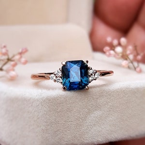 Teal Sapphire Ring with side diamonds , Peacock Sapphire Ring -  Blue Green Sapphire , Engagement Ring