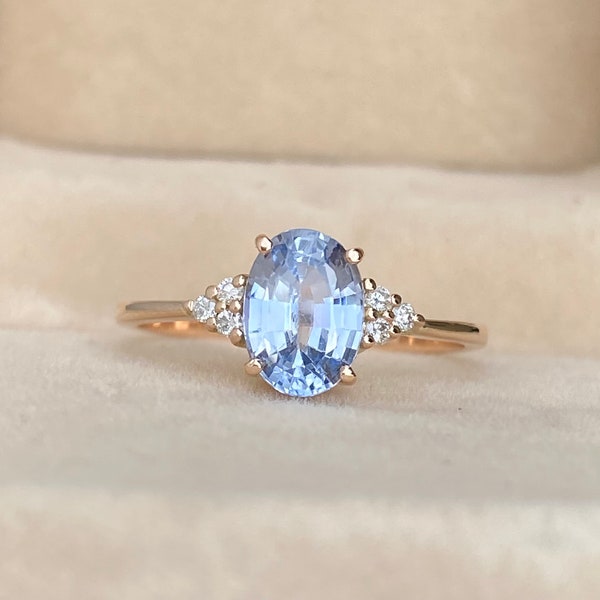 Pastel Blue Sapphire Ring | Engagement Ring | Ceylon Blue Sapphire | Oval Blue Sapphire Ring, Diamond Cluster Ring