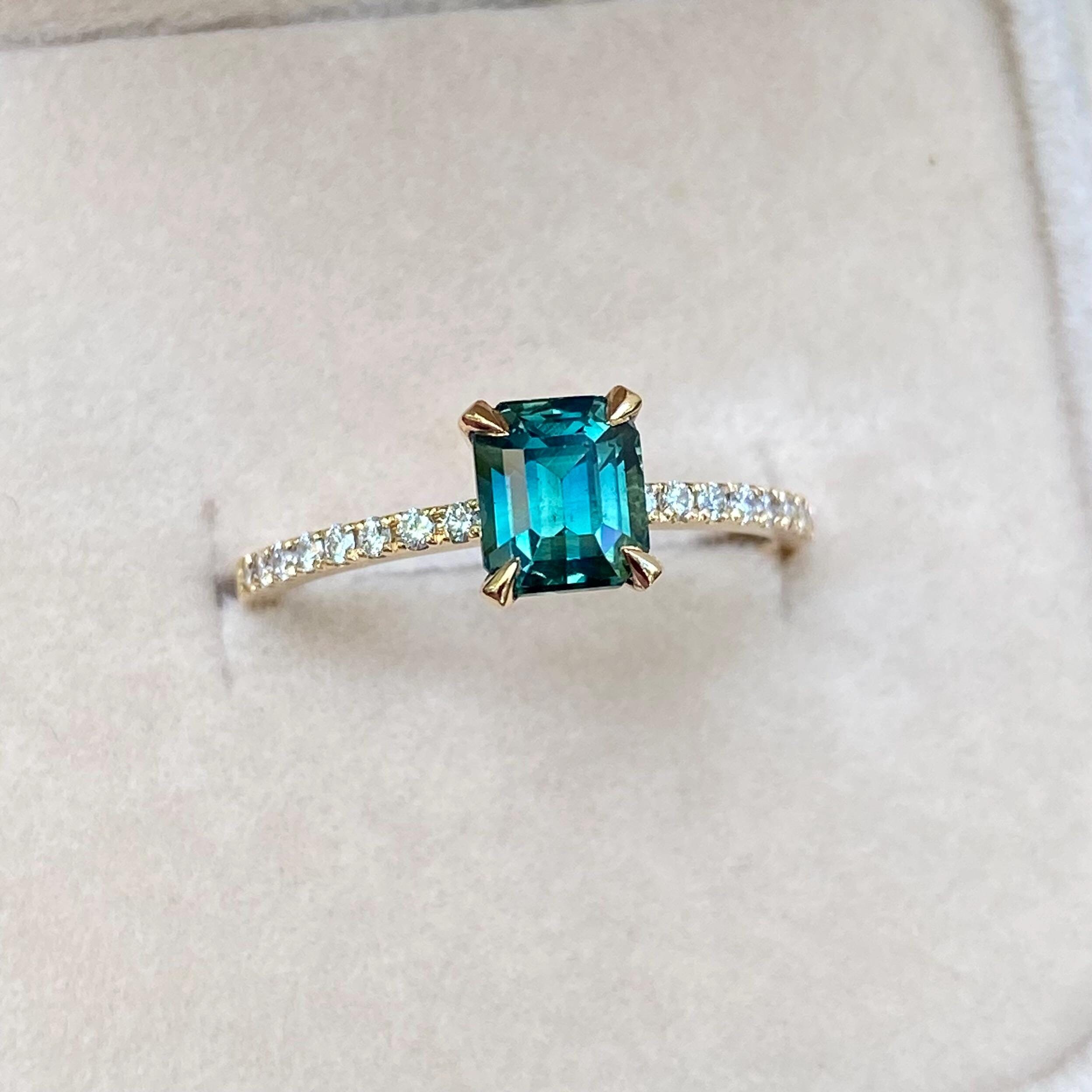 Teal Sapphire Engagement Ring: 1.55ct Radiant Cut, Diamond Pave, 14K Rose Gold
