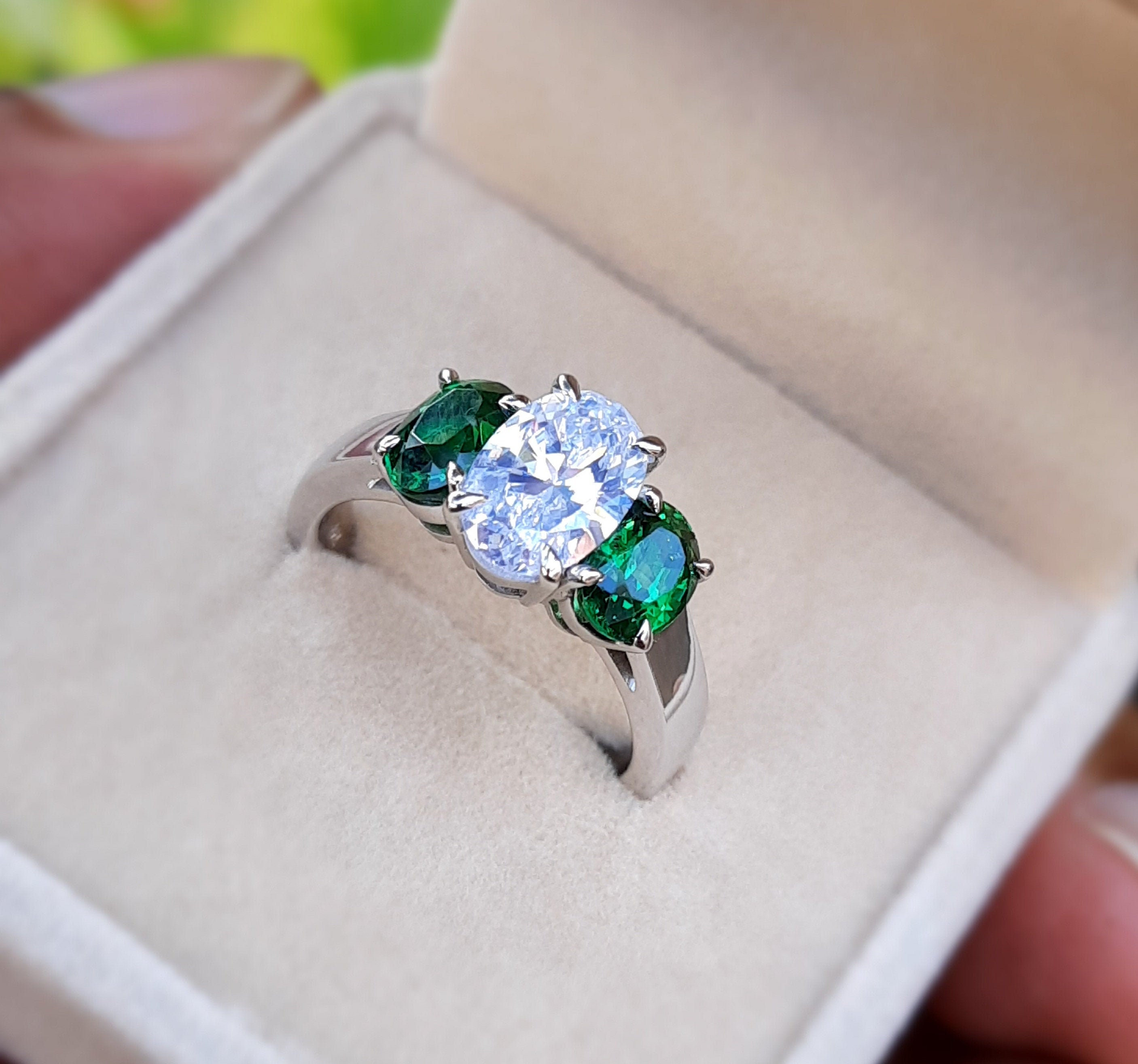 Oval diamond engagement ring Green Tsavorite Ring Three | Etsy