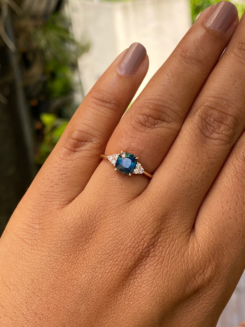 Peacock Sapphire Engagement Ring ,teal Sapphire Diamond Ring, Blue
