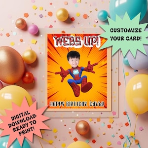 Cartão de download digital personalizável, cartão de aniversário para impressão, cartão de aniversário do Homem-Aranha, cartão de aniversário para o Aranha e seus amigos