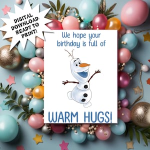 Tarjeta de cumpleaños imprimible de Frozen, tarjeta de cumpleaños con abrazos cálidos de Olaf, tarjeta de cumpleaños para niños, tarjeta de cumpleaños infantil