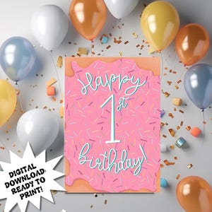 Cartão de 1º aniversário para impressão, Cartão de primeiro aniversário para download digital, Cartão de bolo de granulados, Cartão de aniversário de donut, Cartão de aniversário para impressão instantânea