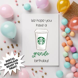 Cartão de aniversário para impressão, cartão de aniversário com tema Starbucks, cartão de aniversário para amantes de café, cartão de aniversário para impressão instantânea, download digital