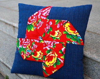 Patchwork pinwheel pillow, patchwork flower pillow，Throw Pillows, Patchwork Throw Pillows, Blue  Throw Pillow, Vintage Japanese  Pillow