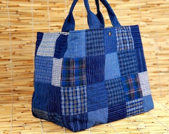 Sac à main bleu patchwork pour femme, sac fourre-tout en patchwork vintage, sacs à main pour femme faits main, cadeaux pour elle, cadeaux vintage