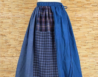 Blue Patchwork skirt, Vintage Handmade Elastic Waist Cotton Linen skirt, Japanese Women Loose Linen  skirt