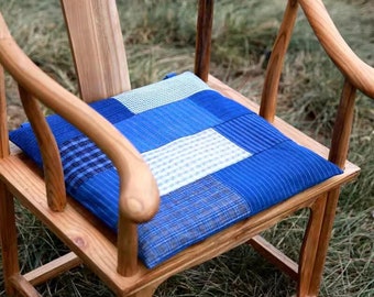 Blue patchwork chair pads, handmade Japanese linen chair pads, vintage nine-panel chair cushion