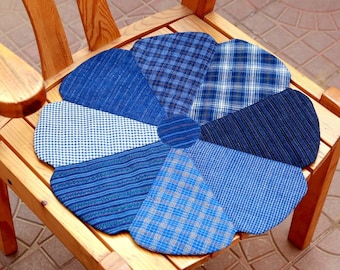 Blue Patchwork Round Chair Pads, Vintage Japanese Cotton  Linen Pads, Blue Chair Pads，Blue Flower Chair Pads