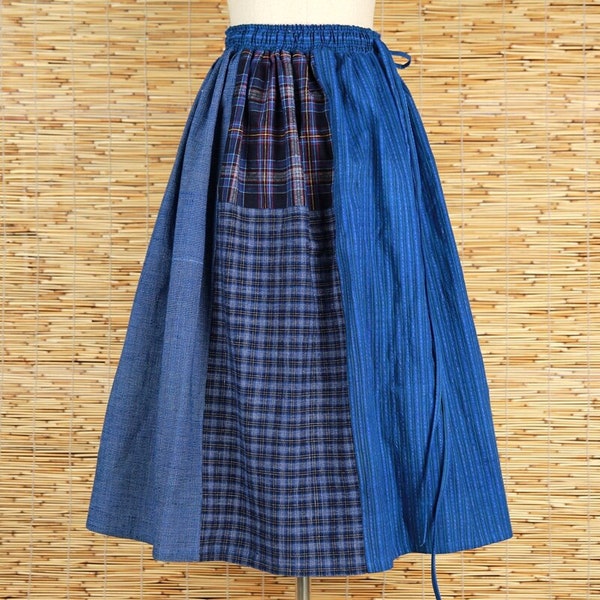 Blue Patchwork skirt, Vintage Handmade Elastic Waist Cotton Linen skirt, Japanese Women Loose Linen  skirt