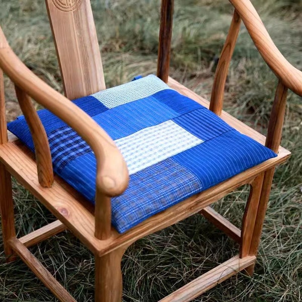 Blue patchwork chair pads, handmade Japanese linen chair pads, vintage nine-panel chair cushion