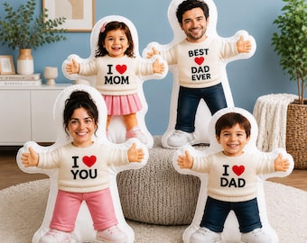 Kussen met gezicht op maat, gepersonaliseerd poppenkussen, lichaamskussen met gezicht op maat, uniek familiecadeau, cadeau voor mama, papa en kinderen, aandenkenkussen