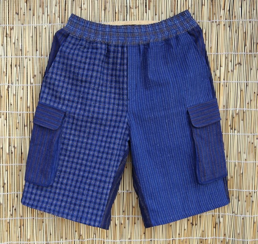 Blue Patchwork Shorts, Vintage Handmade Elastic Waist Cotton