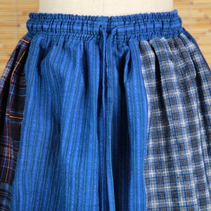 Blue Patchwork skirt, Vintage Handmade Elastic Waist Cotton Linen skirt, Japanese Women Loose Linen skirt zdjęcie 7