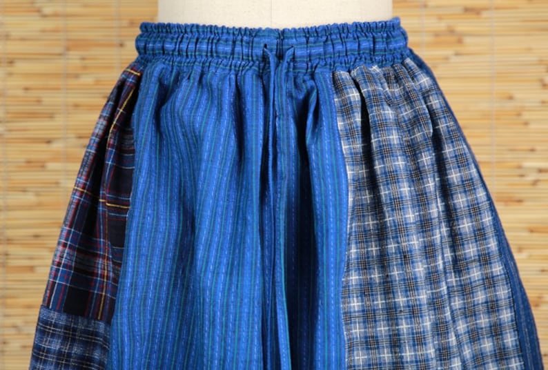 Blue Patchwork skirt, Vintage Handmade Elastic Waist Cotton Linen skirt, Japanese Women Loose Linen skirt zdjęcie 7
