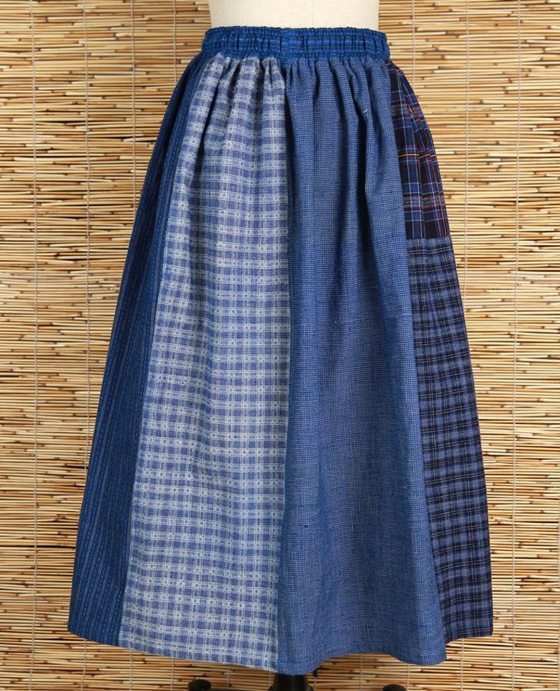 Blue Patchwork skirt, Vintage Handmade Elastic Waist Cotton Linen skirt, Japanese Women Loose Linen skirt zdjęcie 6