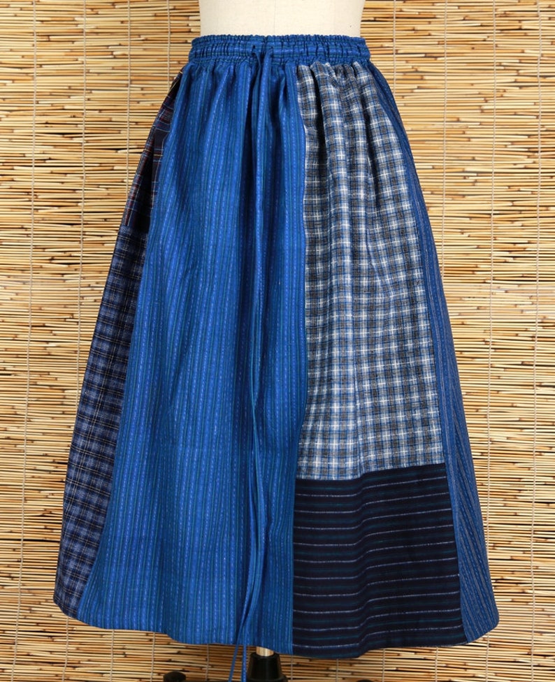 Blue Patchwork skirt, Vintage Handmade Elastic Waist Cotton Linen skirt, Japanese Women Loose Linen skirt zdjęcie 4