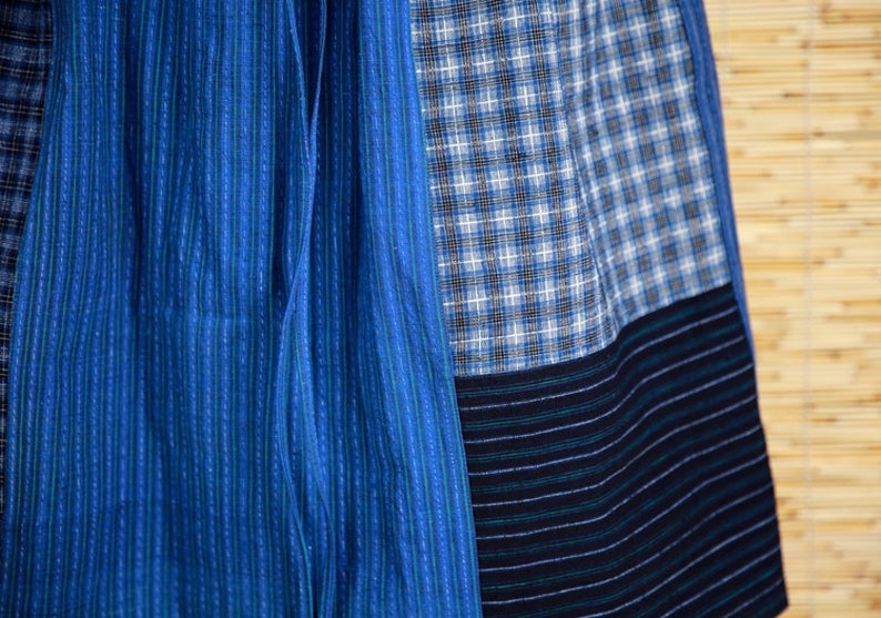 Blue Patchwork skirt, Vintage Handmade Elastic Waist Cotton Linen skirt, Japanese Women Loose Linen skirt zdjęcie 8