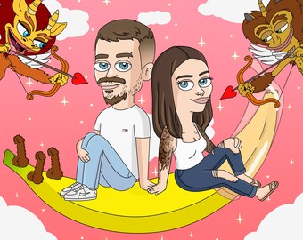 BIG MOUTH Funny Valentines Portrait, Unique Cartoon Couple Gift, Family Art for Holidays, Anniversary, Birthday Gift