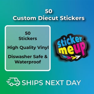 May include: 50 custom die-cut stickers made with high quality vinyl. The stickers are dishwasher safe and waterproof. The image also includes the text "sticker me up" in a colorful design.