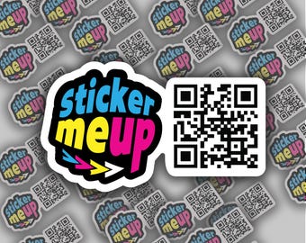 May include: A selection of white stickers featuring the text "sticker meup" in a vibrant design. Each sticker includes a QR code. The central sticker displays the same text in a larger format, alongside a QR code.