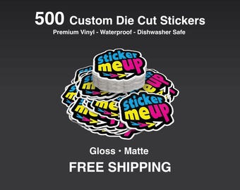 May include: A pile of custom die-cut stickers with the text "sticker me up" in a vibrant design. The stickers are made of premium vinyl and are waterproof and dishwasher safe. The image also includes the text "500 Custom Die Cut Stickers".
