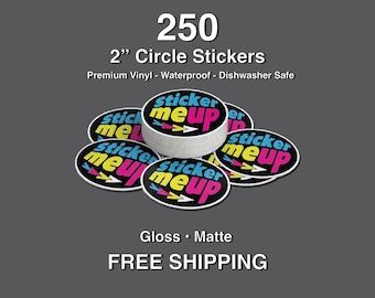 May include: A collection of 5 cm circle stickers with the text "sticker me up" in bright colors. The stickers are made of premium vinyl and are waterproof and dishwasher safe. The image also displays the text "250" and "Gloss • Matte".
