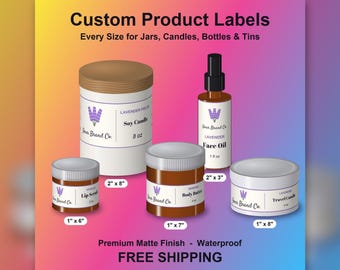 May include: Custom product labels for jars, candles, bottles, and tins. The image displays five containers with white labels featuring a lavender logo and text. Dimensions shown are 2" x 8", 2" x 3", 1" x 6", 1" x 7", and 1" x 8".