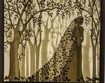 A través del velo de la naturaleza, caja de luz/caja de sombra con temática de bodas y novias cortadas en papel