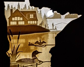 Up North at the Cabin, Minnesota Loon and Fishing Themed Paper Cut Light Box / Shadow Box