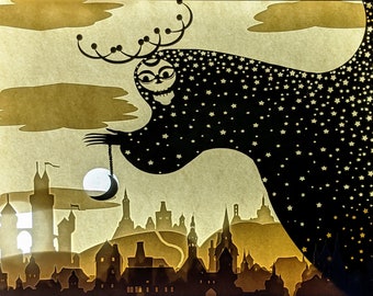 Criatura de la noche - Caja de luz de corte de papel con temática de fantasía / Caja de sombras