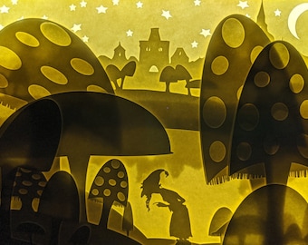 The Mushroom Gatherer - Caja de luz / caja de sombras con temática de fantasía, gnomo y naturaleza