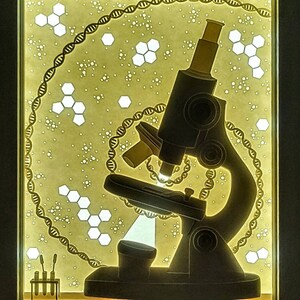 May include: A black silhouette of a microscope with a light beam shining from the lens. The background is a light yellow with a pattern of white hexagons and DNA strands.