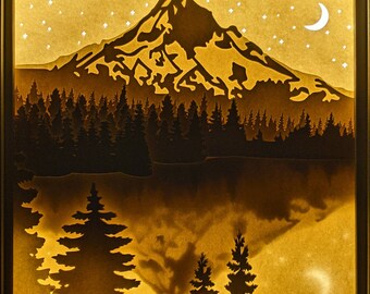 Mount Hood y Lost Lake, caja de luz cortada en papel
