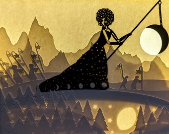 La doncella de la luna, caja de luz / caja de sombras recortada en papel con temática de fantasía