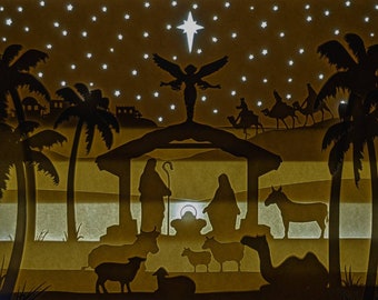 Oh Holy Night - Caja de luz recortada en papel con temática de Natividad, Navidad y festividades